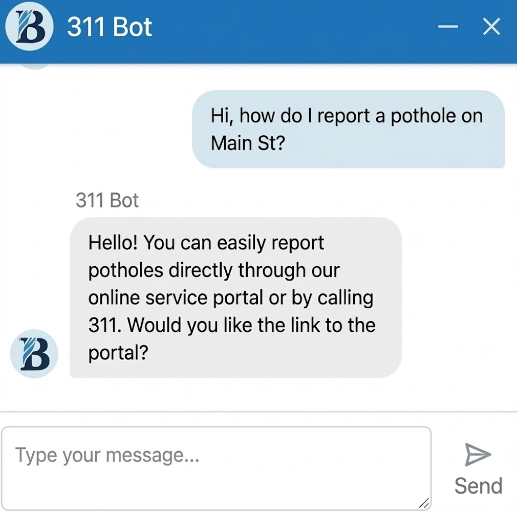 311 Bot chat interface showing a citizen asking how to report a pothole and receiving instant guidance